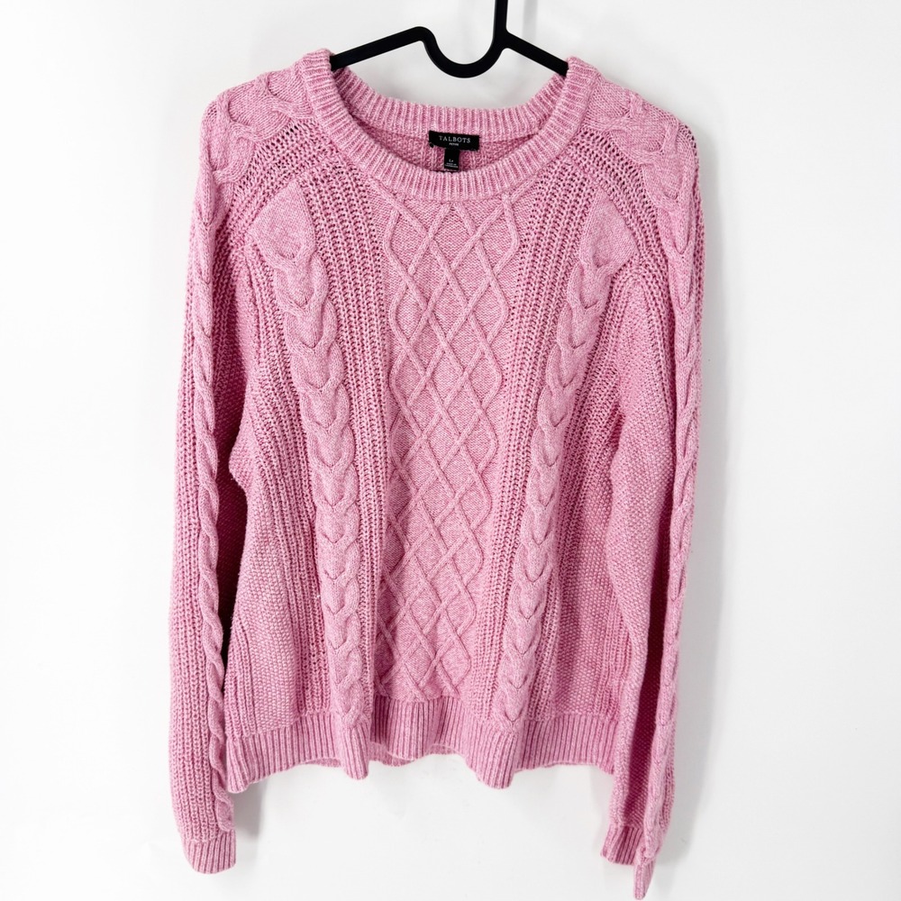 Talbots Petite Pink Cable Knit Cotton Sweater Crewneck Marled LP KH5348